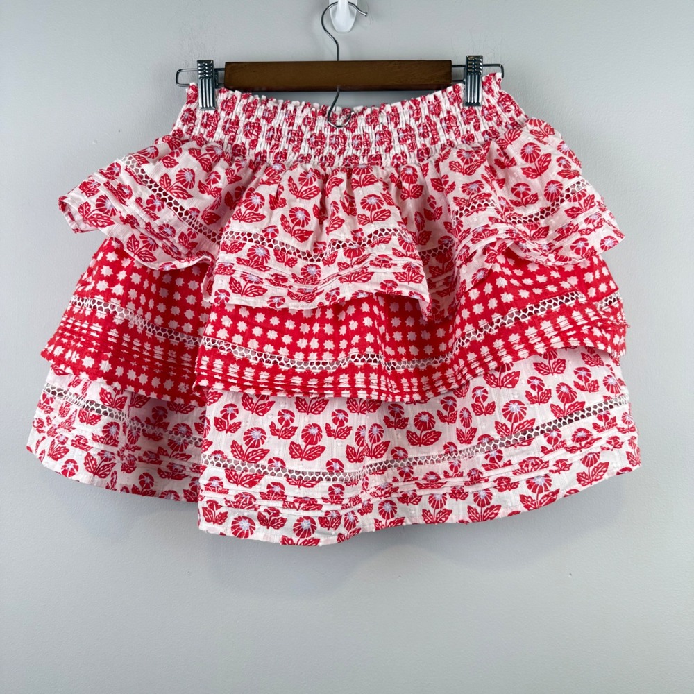 NWT Roller Rabbit Floral Tiered Mini Skirt Women Medium Red Eyelet Cottagecore